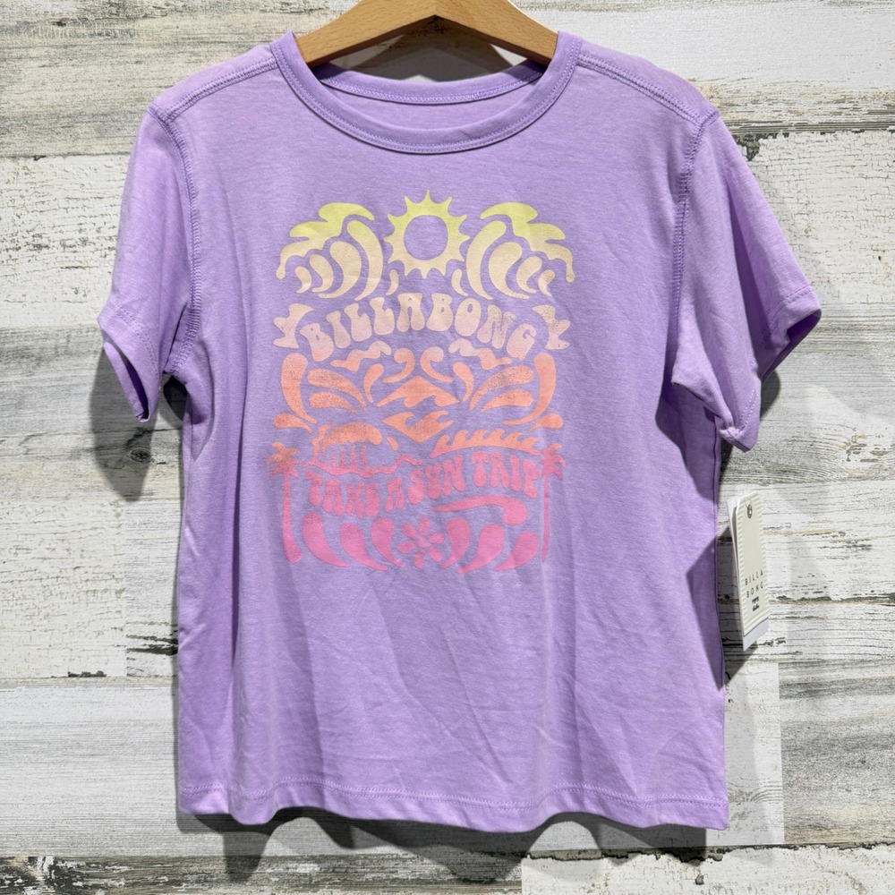 Billabong Graphic Tee Kids Small Lilac Take A Sun Trip Surf Boho NWT